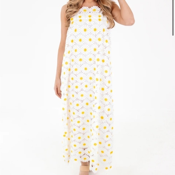 J. Marie Jenna Tie Strap Square Neck White Floral Daisy Lace Shift Midi Dress - Picture 16 of 16